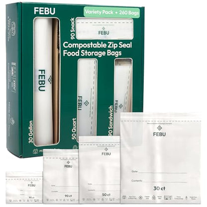 FEBU Compostable Food Storage Bags Variety Pack, 260 Count | Compostable & Biodegradable | PFAS & BPA Free | Drawer Organizer Box | 90 Snack, 90 Sandwich, 50 Quart, 30 Gallon - size: Variety Pack