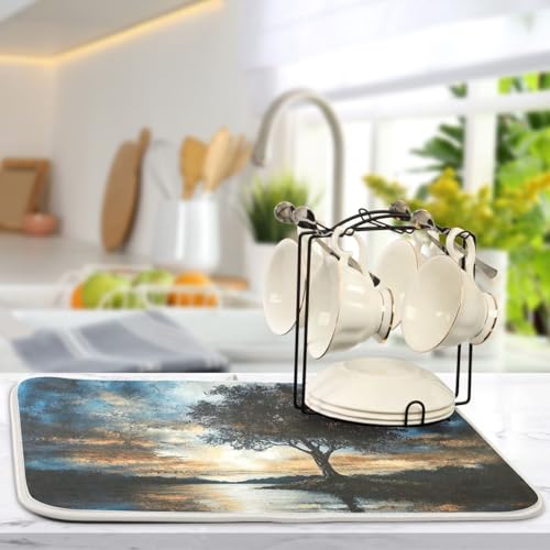 Sky Lake Tree Dish Drying Mat for Kitchen Counter Super Absorbent Draining Mat with Non-slip Backed Waterproof Sink Mats for Dish Cups Bowl Bottles Countertops Sinks Draining Racks