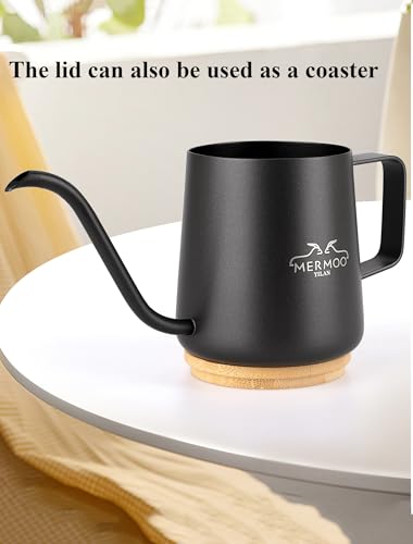 MERMOO YILAN Pour Over Coffee Kettle with Wooden Lid 12oz Coffee Maker | 304 Stainless Steel Coffee Pot |Gooseneck Pouring Kettle|Dishwasher Safe|for Camping,Home,Travel,Office - color: Black