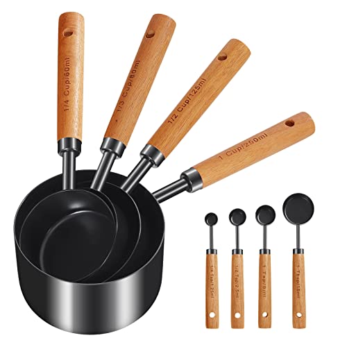 GuDoQi 8Pcs Measuring Cups and Spoons Set, Wooden Handle, Premium Stainless Steel with Metric & US Measurements, Nesting for Dry/Liquid Kitchen/Food/Baking, Black - color: Black