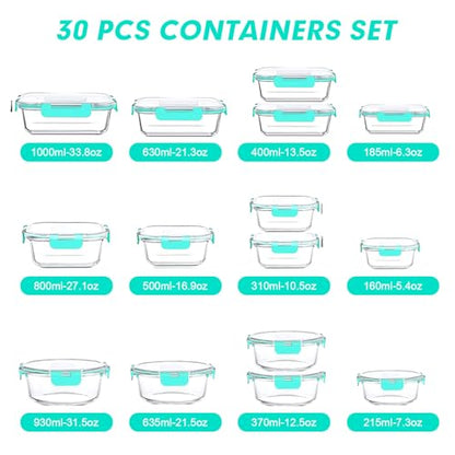 VERONES 30 Pieces Glass Meal Prep Containers Set, Stackable Glass Food Storage Containers with Lids-Airtight Lunch Containers，for Microwave, Oven, Freezer & Dishwasher,Green - color: Green-30