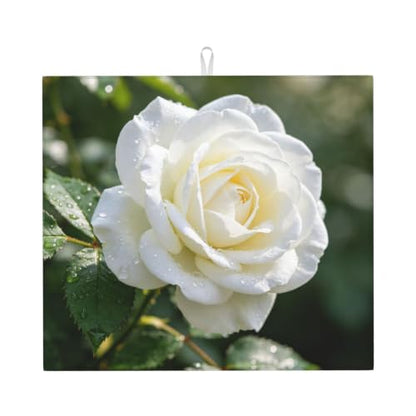 White Rose Dish Drying Mat for Kitchen Counter, Absorbent Microfiber Drainer Mats, Non-slip Kitchen Draining Mat for Coffee Machine Dish Rack Pad 18"x16" Dish Drainer Pad - color: White Rose
