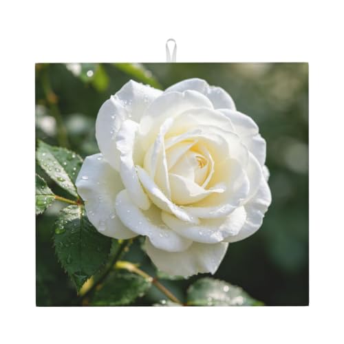 White Rose Dish Drying Mat for Kitchen Counter, Absorbent Microfiber Drainer Mats, Non-slip Kitchen Draining Mat for Coffee Machine Dish Rack Pad 18"x16" Dish Drainer Pad - color: White Rose