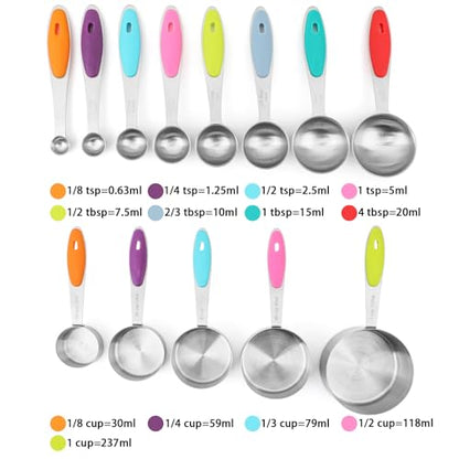 Measuring Cups and Spoons Set of 13 with Silicone Handle, Stainless Steel Nesting Measuring Cups and Spoons For Baking & Cooking (Colorful)