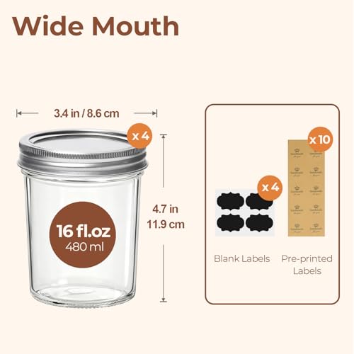 ComSaf 16 oz Wide Mouth Mason Jars, 4 Pack Pint Glass Jars with Lids | Clear Body, Pickles, Salad Prep, Overnight Oats, Coffee Storage, Honey, DIY Candles - size: 16oz*4 wide mouth