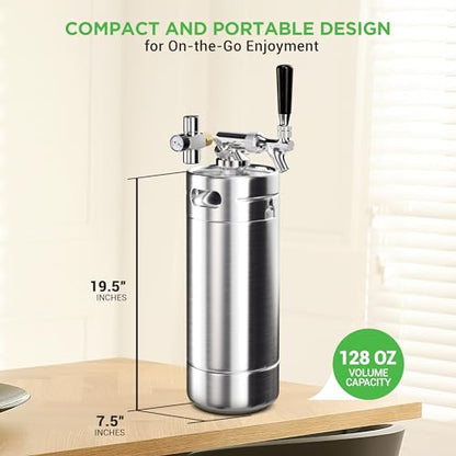 NutriChef Pressurized Growler Tap System, 128oz Stainless Steel Mini Keg Dispenser Portable Kegerator Kit, Co2 Pressure Regulator Keeps Carbonation for Craft Beer, Draft and Homebrew - size: 128oz