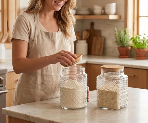 Prettidecor 60 FL OZ Large Glass Storage Jar with Bamboo Lid 2 Pack | Kitchen Laundry Room Organization Jar for Cookies Coffee Flour Sugar Laundry Pods Detergent Airtight Glass Jars