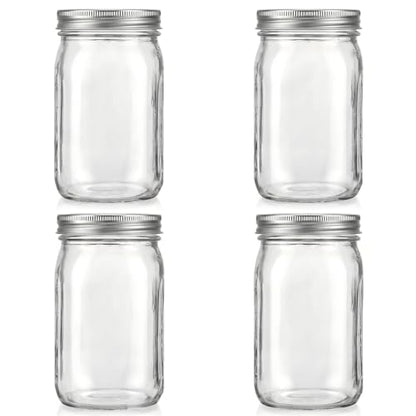 Wide Mouth Glass Mason Jars, 32oz, Pack of 4 | Airtight Lids, Measurement Marks, Food Storage Containers, For Overnight Oats, Canning, Fruit Jams & Meal Prep