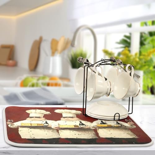 Chefs Cheese Wine Red Dish Drying Mat for Kitchen Counter with Absorbent Quick Dry Slip Resistant Dish Drying Pad for Sink Draining Racks Coffee Bar, 16 x 18 Inches