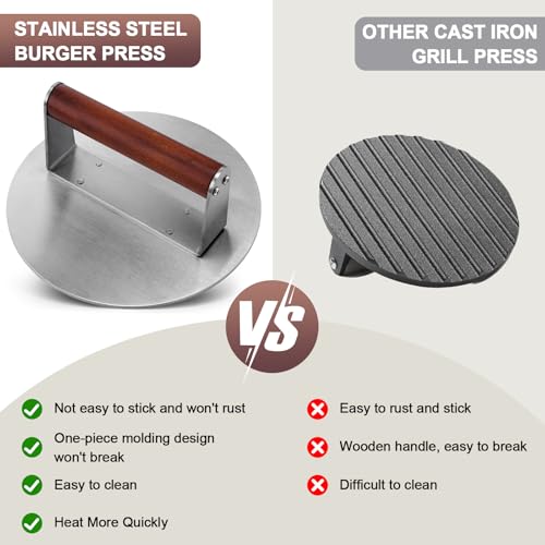 Extra Large Stainless Steel Burger Press, 8.5" NonStick Hamburger Smasher Tool & Grill Press, 2.5 lbs Heavy Duty Bacon Press with Wood Handle for Blackstone Camp Chef Pitboss Weber Griddle Grills - size: 8.5inch