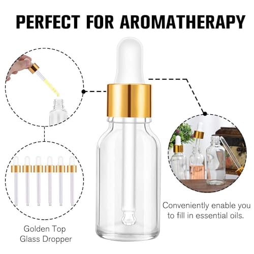 PrettyCare Glass Eye Dropper Bottles 99 Pack, 0.5oz (15ml) Empty Thick Bottles Bulk with Leakproof Golden Caps - color: 0.5oz Clear, style: 99 Pack