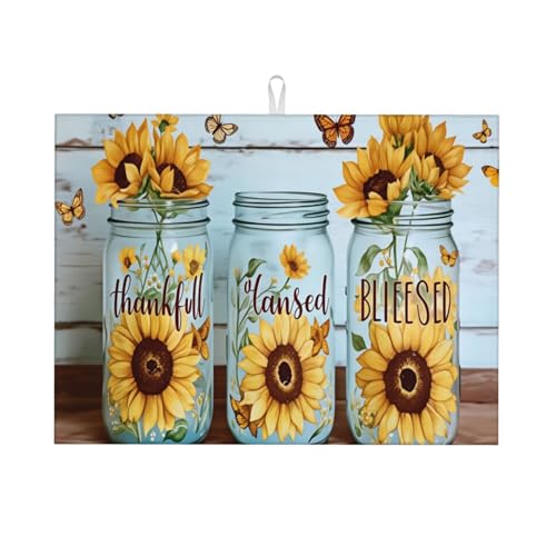 Sunflower Mason Jar Decor Thankful Canned Blessed Large Dish Drying Mat For Kitchen Counter 18x24 Inch, Reversible Drainer Pad With Hanging Loop For Coffee Bar, Pots - color: Sunflower Mason Jar Decor Thankful Canned Blessed 2