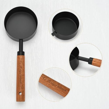 Black Measuring Cups and Spoons Set, Measuring Spoons and Measuring Cup Set for Cooking & Baking with Wood Handle - color: Black