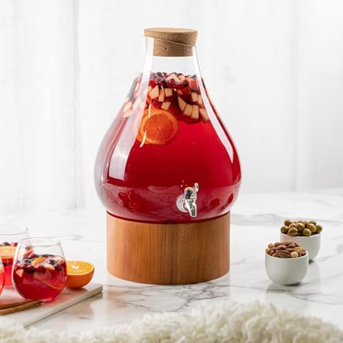 Classic Home Teardrop Clear Glass Ice Cold Beverage Drink Dispenser- 2.75 Gallon, With Cork Lid & Modern Wood Base Leak Proof Spigot- Wide Mouth Easy Filling For Outdoor, Parties & Daily Use - color: 2.75 Gallon Clear