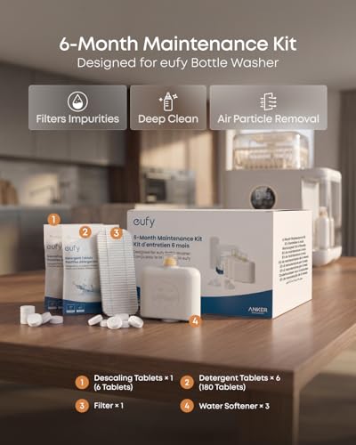 Maintenance Kit for eufy Bottle Washer, Pure Care Set with Water Softener (3 Pcs), Detergent Tablets (180 Pcs), Descaling Tablets (6 Pcs), and Filter