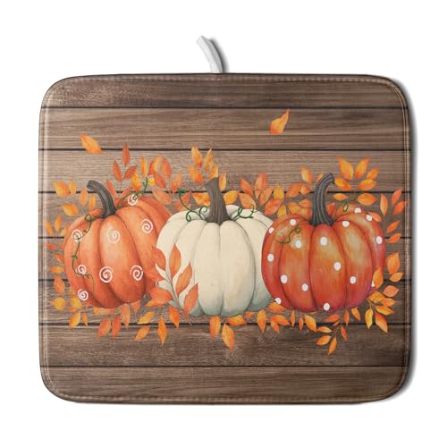 Autumn Pumpkin Dish Drying Mat Rustic Wood Dish Drainer Mats Fast Dry Microfiber Reversible Dish Drying Pad Kitchen Decoration 16x18 inch - color: Pumpkin Wood, size: 16 x 18 inch