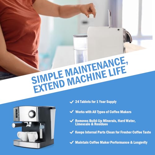24-Pack Coffee Machine Cleaner Descaler Tablets, Descaling & Deep Cleaning Tabs for Coffee Pot & Coffe Machine, Effective Limescale Remover for Home, Office Use - size: 24 count(Pack of 1)