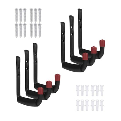 6 Pack Garage Hooks Heavy Duty, Utility Steel Hooks with EVA Foam Padding, 4.64inch Wall Mount J Organizer Hanger for Hanging Bikes Kayak Garden Tool Hose Bike Shelf - size: 4.64inch
