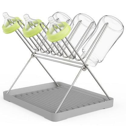 Bottle Drying Rack, Stainless Steel Foldable Water Bottle Drying Rack Organizer with Drain Tray for Baby Bottles, Cups, Mugs and Glass, Baby Bottles Dryer Countertop, Stainless Steel