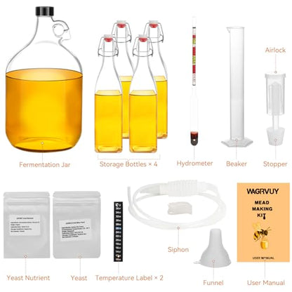 Mead Making Kit for Beginners - Complete Home Brewing Starter Set with Reusable Supplies, 1 Gallon Glass Honey Wine Fermentation Jar with 4 Pcs Bottles Yeast & Nutrients Hydrometer Operation Guide - size: 1 Gallon Kit with 4 Bottles