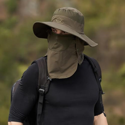 Sun Hats for Men Women Fishing Hat UPF 50+ Breathable Wide Brim Summer UV Protection Hat - color: Army Green(with Face Cover & Neck Flap )