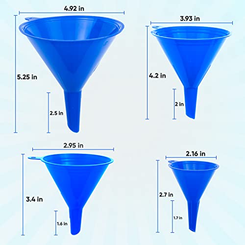 LIQVEE™ Funnel 4-Pack Funnels for Kitchen Use Filling Bottles - Food-Grade Plastic, Funnels for Automotive Use, Mess-Free Filling, funnels for Filling Bottles, Sizes (122, 101, 76 & 50mm)