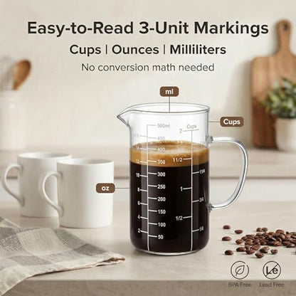 Borosilicate Glass Measuring Cup, 2-Cup Glass Measuring Cup with Spout, Microwave Safe, Dishwasher Safe, Easy Read Scale for Coffee Brewing, Baking, Cooking, Heating and Meal Prep. - size: 2cup/500ml