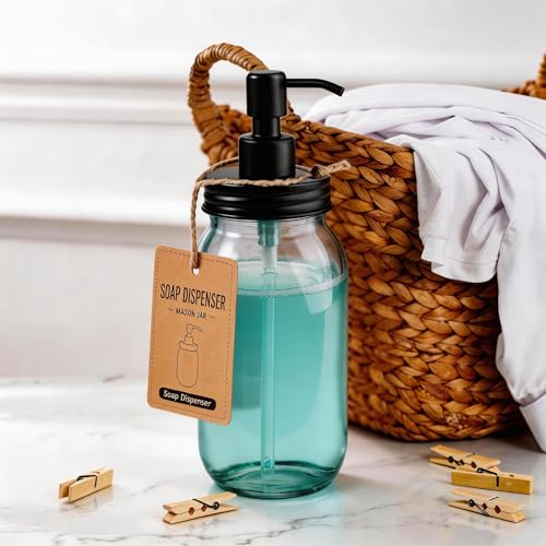 Amolliar Quart Size Mason Jar Liquid Soap Dispenser, 32OZ Glass Pump Bottle Rustproof Stainless Steel Pump Lid Lotion Dispenser, Regular Mouth Dish Soap Dispenser for Kitchen, Hand Soap, Black 1 Pack - color: Black, size: 1 Pack