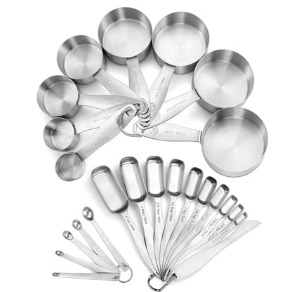 Measuring Cups and Spoons Set of 24 Piece in 18/8 Stainless Steel, Heavy Duty 8 Measuring Cups, 10 Measuring Spoons, 1 Leveler & 5 Mini Measuring Spoons Ideal for Dry and Liquid Ingredients - size: 24 Pieces: 8 Cups + 15 Spoons + 1 Leveler