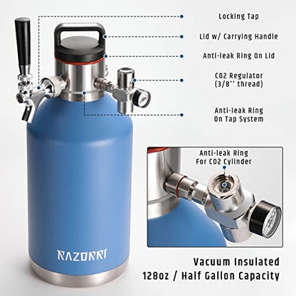 Razorri 128oz Stainless Steel Beer Growler, Double-Wall Vacuum Insulated Carbonated Keg with Professional Bar Tap and Pressurized CO2 Regulator, 1 Gallon, Ocean Blue - style: 128 OZ (1 Gal.)