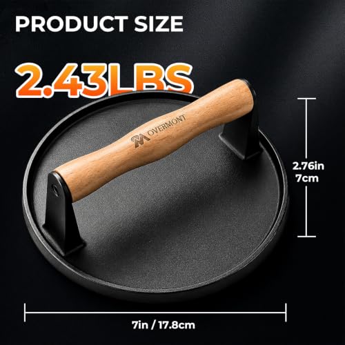 Overmont 7" Round Smash Burger Press - Cast Iron Smasher with Patty Paper | Heavy-Duty Hamburger Bacon Meat Press with Wood Handle Flat Bottom, Pre-Seasoned Heat Resistant for Griddle Grill Outdoor BBQ