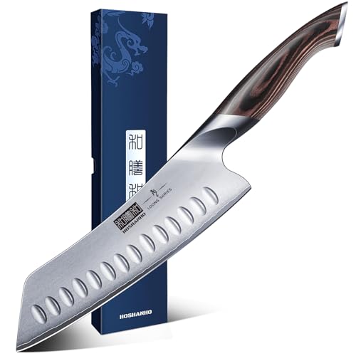 HOSHANHO 17.8cm(7인치) 일본 셰프 나이프, 매우 날카로운 고탄소 스테인리스 스틸 주방 칼, 인체 공학적 파카우드 손잡이가 있는 전문 산토쿠 나이프 - size: 7"