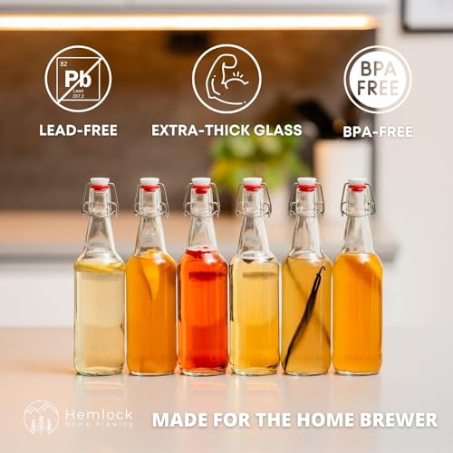 Kombucha Bottles, Swing Top Glass Brewing Bottles Bottles for Kombucha, Beer, Kiefer, Limoncillo, Vanilla - 16 oz. - Grolsch Style Bottle (6 Set) with Funnel