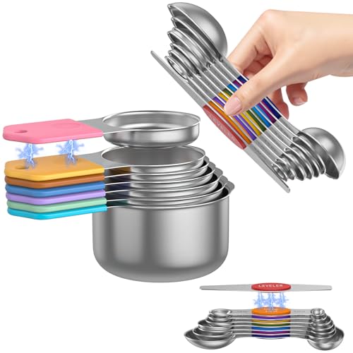 Magnetic Measuring Cups and Spoons Set – 304 Stainless Steel | Dual-sided Design | 15-Piece with Leveler | N52 Space-Saving Magnetic Nesting | Baking & Meal Prep | Kitchen Gift (Colorful) - color: Magnetic Measuring Cups and Spoons Set - Colorful