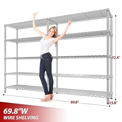 REIBII 69.8" W Storage Shelves 1510LBS Wire Shelving Unit 5 Tier Metal Shelving for Storage Rack Shelves Adjustable Heavy Duty Garage Shelf Pantry Shelves Kitchen Shelving,69.8"Wx15.8"Dx72.4"H,Chrome - style: Chrome-15.8"Dx69.8"Wx72.4"H-5 Tier