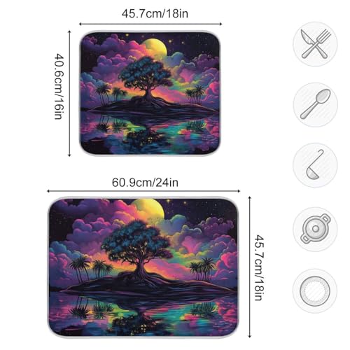 Palm Tree Colorful Dish Drying Mat for Kitchen Counter Super Absorbent Draining Mat with Non-slip Backed Dishwashing Mat for Dish Bottles Cups Bowl Draining Racks Countertops Sinks