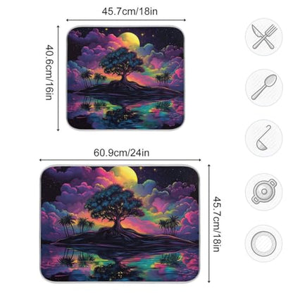 Palm Tree Colorful Dish Drying Mat for Kitchen Counter Super Absorbent Draining Mat with Non-slip Backed Dishwashing Mat for Dish Bottles Cups Bowl Draining Racks Countertops Sinks