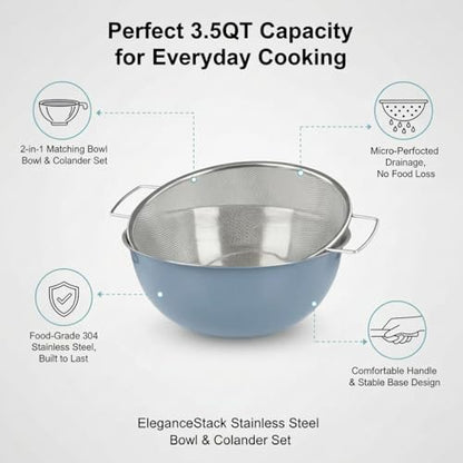 304 Stainless Steel Rice Washing Bowl and 40 Mesh Strainer Set, 3.5QT | 40-mesh strainer helps prevent grain loss while measurement marks and sturdy handles make rinsing and draining easier. - color: Gray