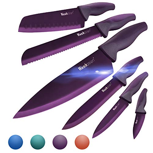 Wanbasion Purple Professional Kitchen Knife Chef Set, Stainless Steel, Dishwasher Safe with Covers - color: Purple