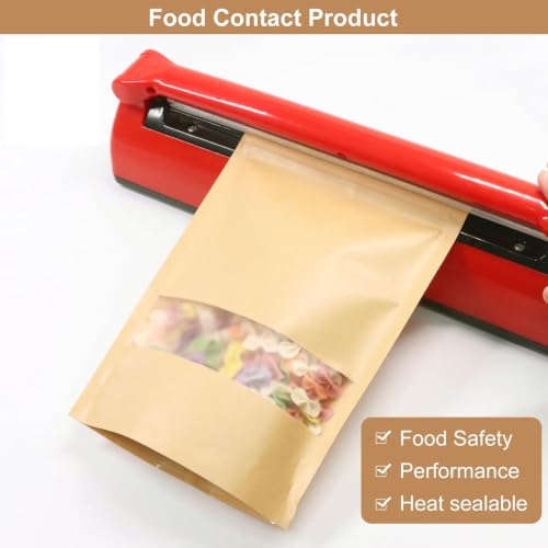 SumDirect Kraft Stand Up Pouches - 50Pcs Resealable Kraft Paper Stand Up Bags with Window, Zipper Disposable Food Storage Bags for Home or Business (50, 6x8.6inch) - size: 6x8.6inch