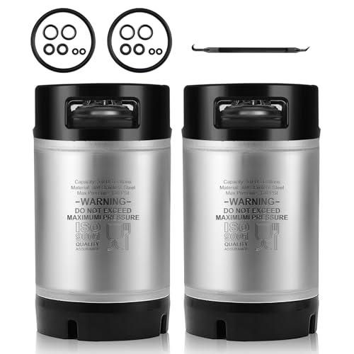 2PCS 2.5 Gallon Corny Keg Ideal for Brewing Party Home Ball Lock Keg | 304 Stainless Steel, Dual Rubber Handles Rubber Bottom, Portable Ball Lock Beer Dispenser Lid Fittings,NSF Certification