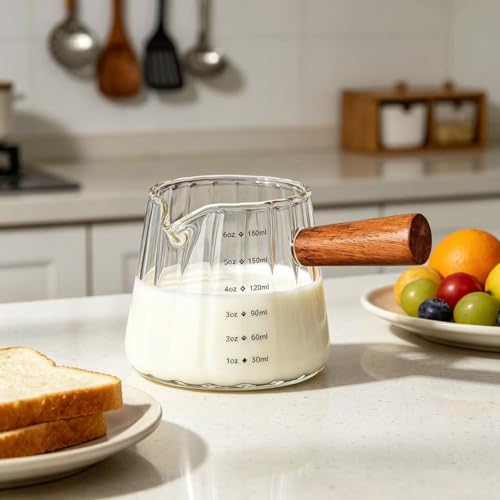6 oz Espresso Cups - Glass Measuring Cups with Spout - Ribbed Small Creamer Pitcher- Expresso Shots Cup with Wood Handle for Coffee Milk, Dishwasher Safe (Transparent, 1 pack) - color: Transparent, size: 1 pack