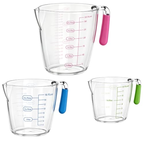 Liquid Measuring Cups with Spout 3 Pcs Stackable Plastic Liquid Measuring Cups with ML OZ Scale, BPA Free Clear Measuring Cup with Non-Drip Spout & Silicone Handle for Kitchen Cooking Baking