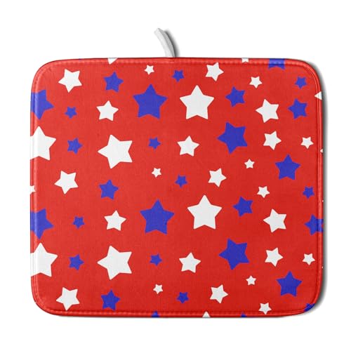 Fourth of July Independence Memorial Dish Drying Mat for Kitchen Counter,Blue White Star Patriotic Red Drying Mat 16 x 18 Inch with High Absorbent Microfiber Dish Drying Mat for Coffee Bar - color: Fourth of July, size: 16" x 18"