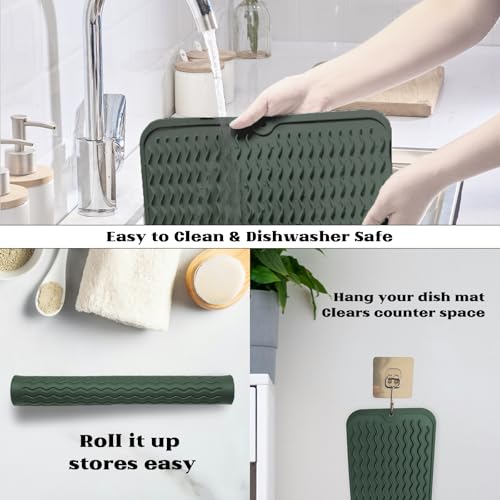 ZLR Silicone Dish Drying Mat for Kitchen Counter (12" x 16" / 307 x 405mm) - Large Fast-Dry Drainer Mat with Raised Wavy Ridges & 5mm Lip - Non-Slip, Heat Resistant 450°F, BPA-Free (Dark Green) - color: Dark Green, size: 16" x 12"