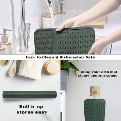 ZLR Silicone Dish Drying Mat for Kitchen Counter (12" x 16" / 307 x 405mm) - Large Fast-Dry Drainer Mat with Raised Wavy Ridges & 5mm Lip - Non-Slip, Heat Resistant 450°F, BPA-Free (Dark Green) - color: Dark Green, size: 16" x 12"