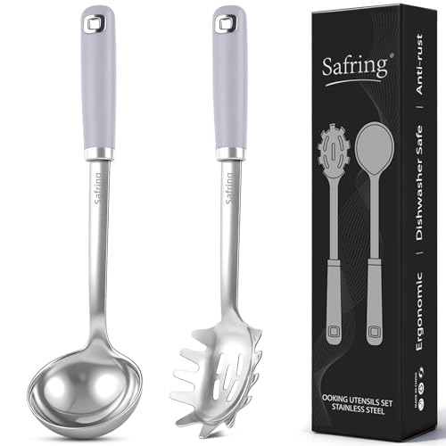 Safring Stainless Steel Soup Ladle and Spaghetti Spoon Set, Heat Resistant Rubber Handle, Dishwasher Safe, Kitchen Utensils for Cooking, Stirring, Serving Pasta, Soup & Sauce (Lavender) - color: Lavender