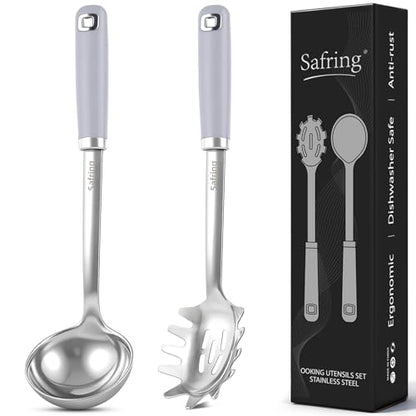Safring Stainless Steel Soup Ladle and Spaghetti Spoon Set, Heat Resistant Rubber Handle, Dishwasher Safe, Kitchen Utensils for Cooking, Stirring, Serving Pasta, Soup & Sauce (Lavender) - color: Lavender