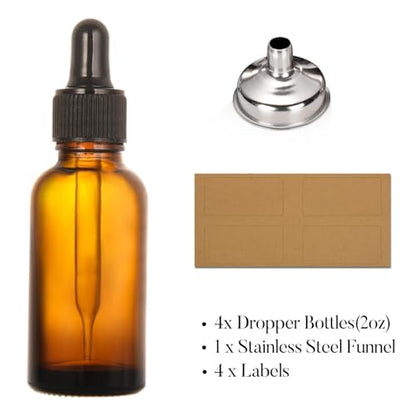 4 Pack, 2 oz Bottles with Dropper & 1 Funnel & 4 Labels - Essential Oils Bottles for Health, Personal Care & Beauty - 60ml Thick Dark Amber Glass Tincture Bottles, Refillable Cosmetic Containers - color: Amber