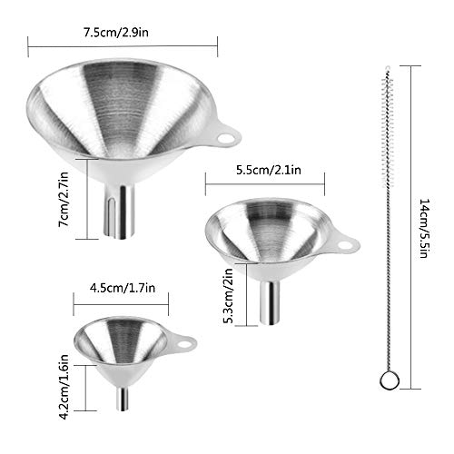 3-Piece Stainless Steel Kitchen Funnel Set with 2 Brushes - Stackable Metal Funnels for Essential Oils, Perfume Bottles, Spices, Liquids & Dry Ingredients (Food-Grade, Rust-Proof)